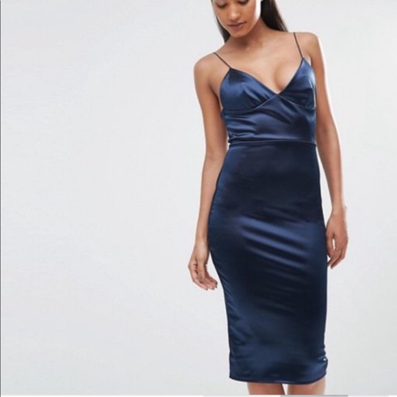 Asos NWT navy satin midi dress small - Picture 1 of 6